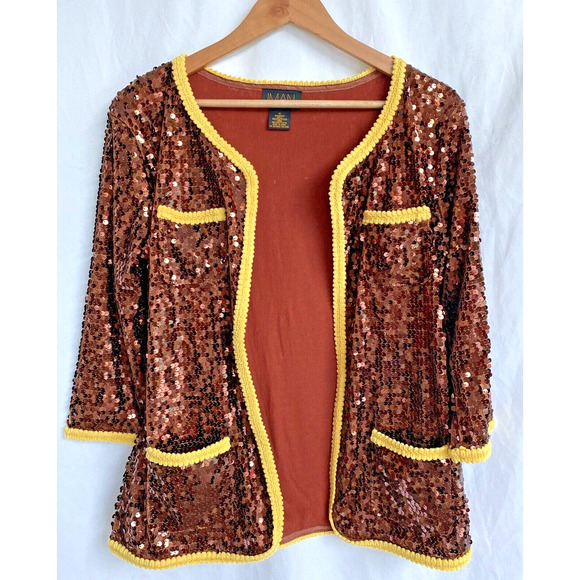 IMAN Bronze Metallic Sequin Blazer Jacket Yellow trim Size M NWOT - Picture 1 of 4